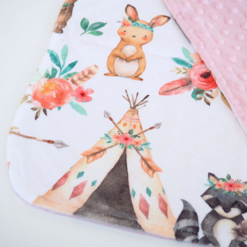 Mini Minky Woodland Tribe blanket, perfect toddler size, 100% Minky fabric, features vibrant tribal design and pink dot texture for sensory fun.
