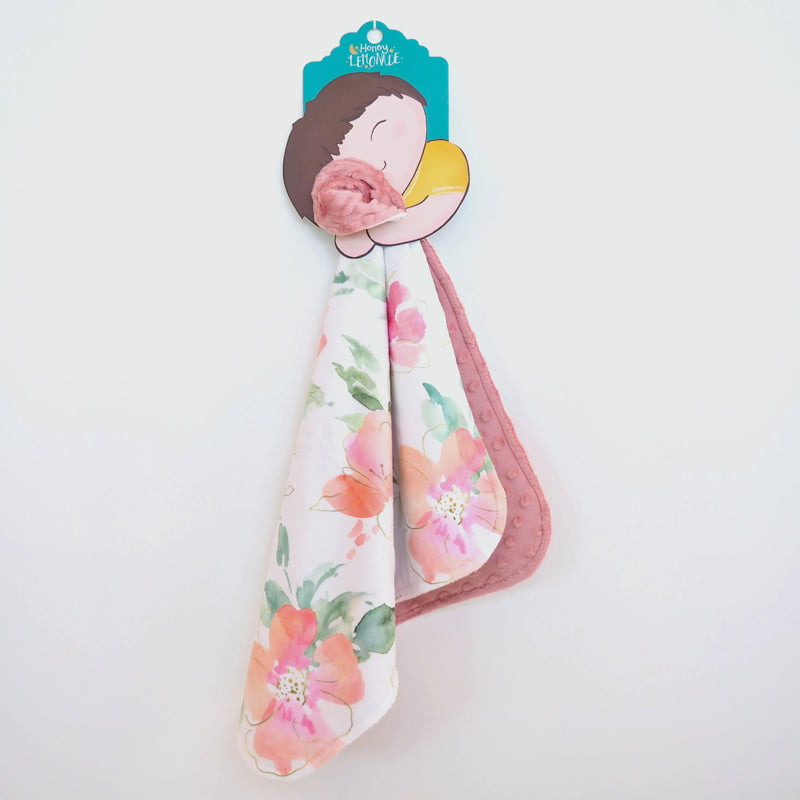 Mini Minky toddler blanket in pink and gold floral design with soft minky dot texture.