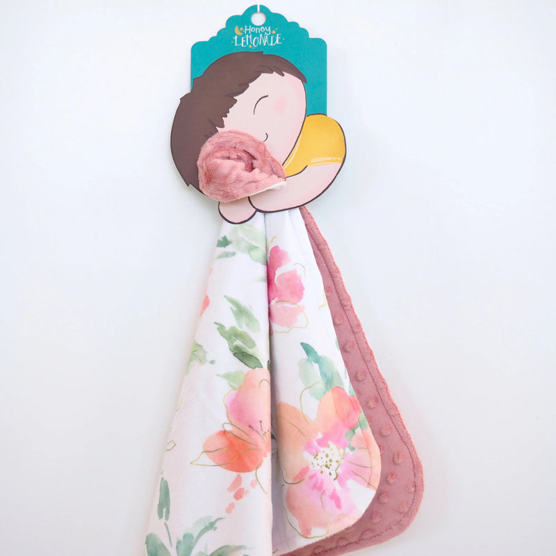 Mini Minky pink and gold floral toddler blanket with soft Minky fabric and dot texture.