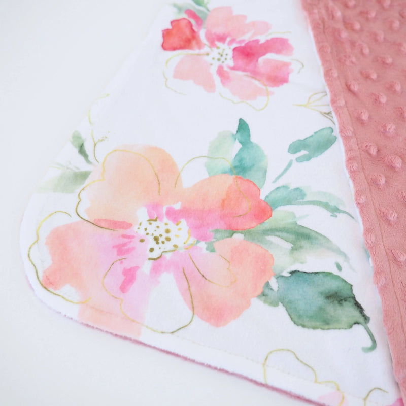 Mini Minky pink and gold floral blanket with soft Minky dot texture, perfect for toddlers.