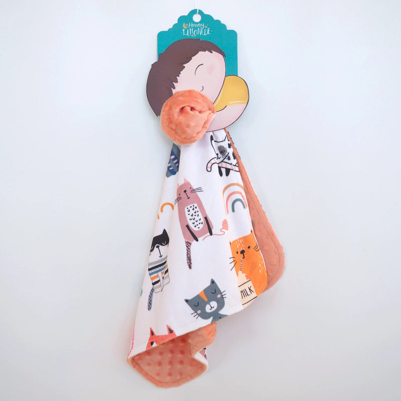 Mini Minky blanket with cat design, 18x18 inches, soft Minky fabric, toddler-sized, lightweight, sensory-friendly, easy to clean.