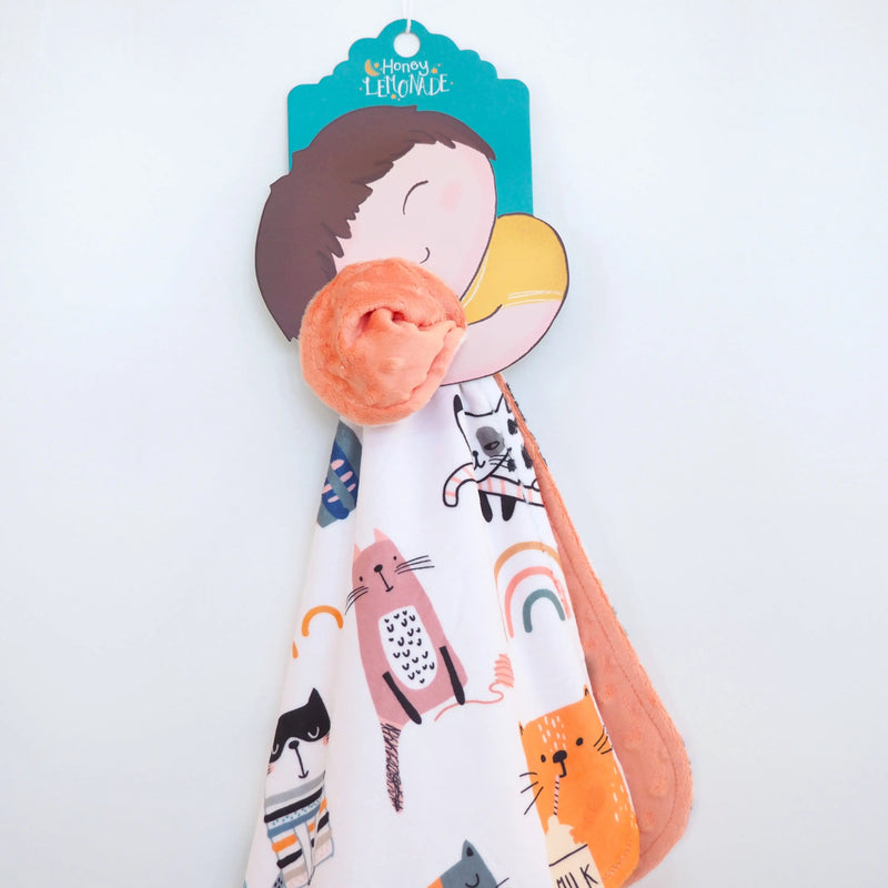 Mini Minky blanket with cat design, ideal for toddlers; soft, lightweight, 18x18 inches.