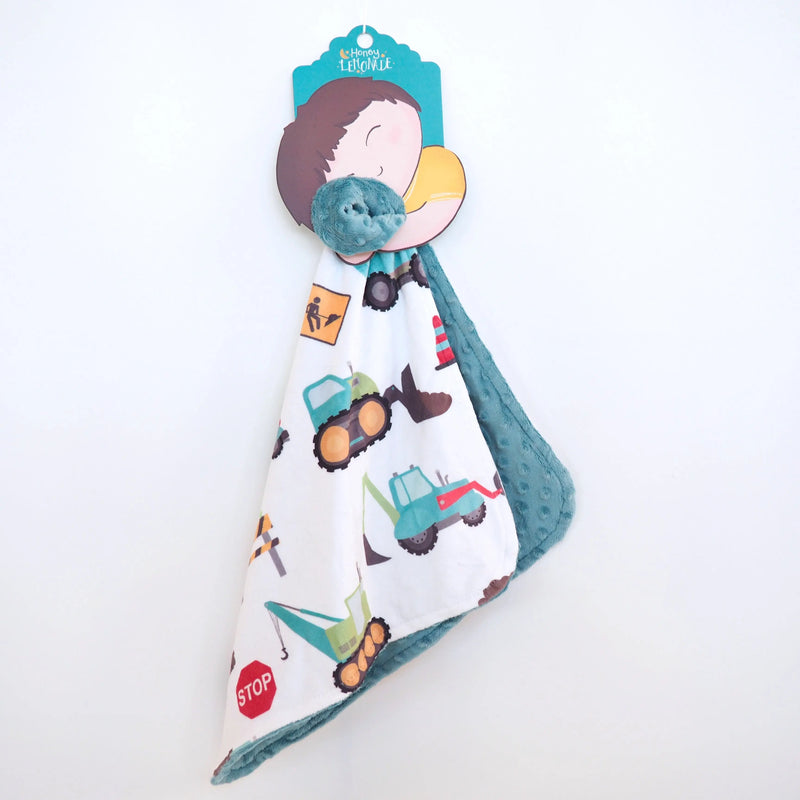 Mini Minky construction trucks toddler blanket with soft Minky fabric and sensory texture.