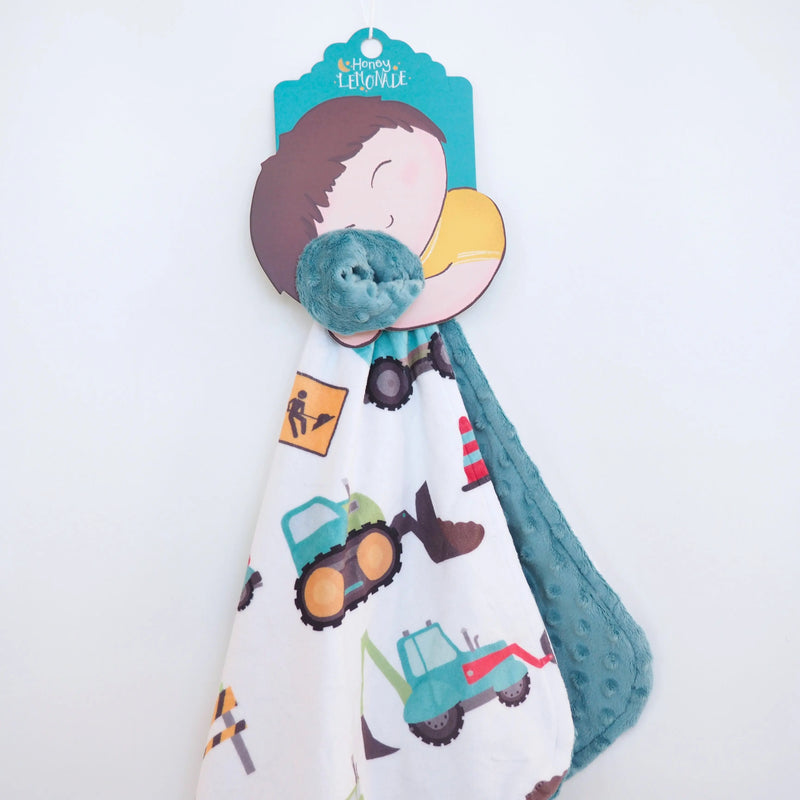 Mini Minky blanket with construction truck print, 18x18 inches, premium Minky fabric, designed for toddlers.