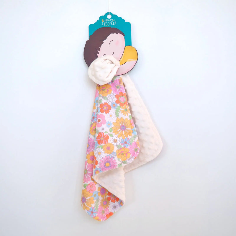 Mini Minky toddler blanket with retro floral pattern, 18x18 inches, lightweight and soft Minky fabric.