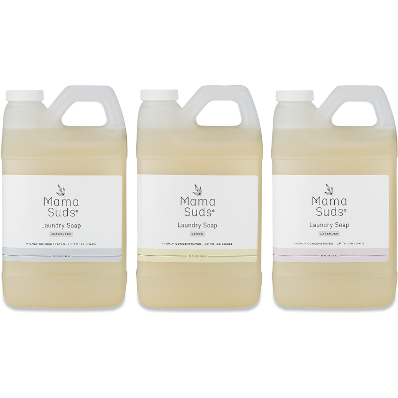 Laundry detergent soap bottles in different scents by MamaSuds, emphasizing eco-friendly, nontoxic cleaning.