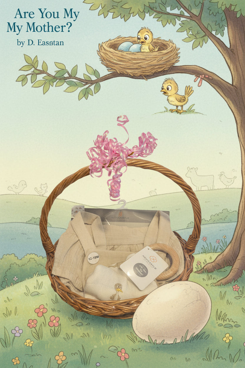 Baby gift basket with clothes and accessories on a black surface