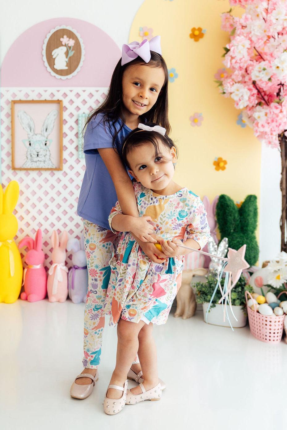 Mila & Rose girls' pastel floral bunnies 3/4 sleeve pocket twirl dress.