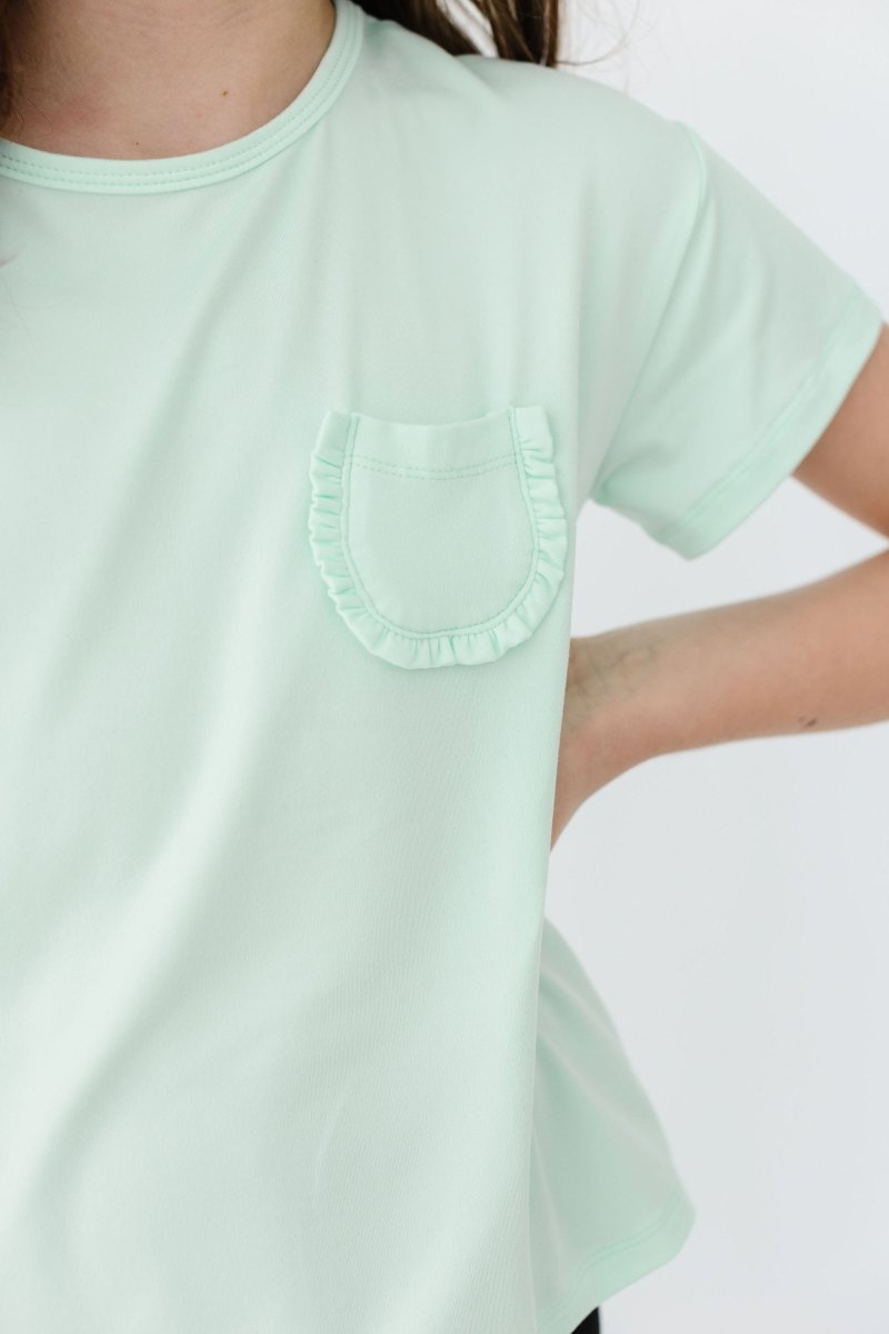 Mila & Rose ® Pastel Green Ruffle Pocket Tee For Girls Boxy Fit Cropped - Everetts Place Boutique - 