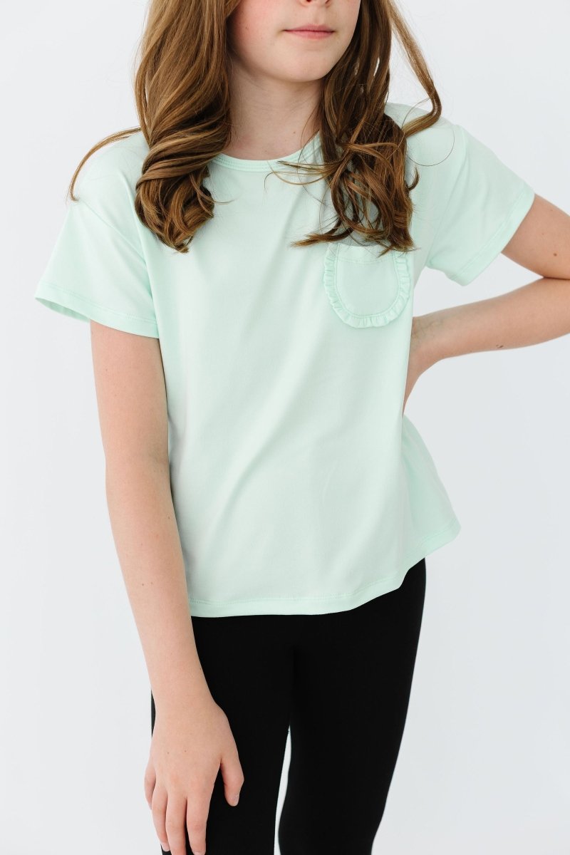 Mila & Rose ® Pastel Green Ruffle Pocket Tee For Girls Boxy Fit Cropped - Everetts Place Boutique - 