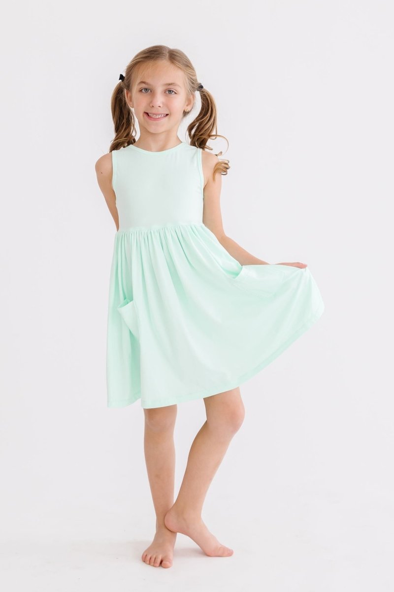 Mila & Rose ® Pastel Green Tank Pocket Twirl Dress For Girls Everyday - Everetts Place Boutique - 