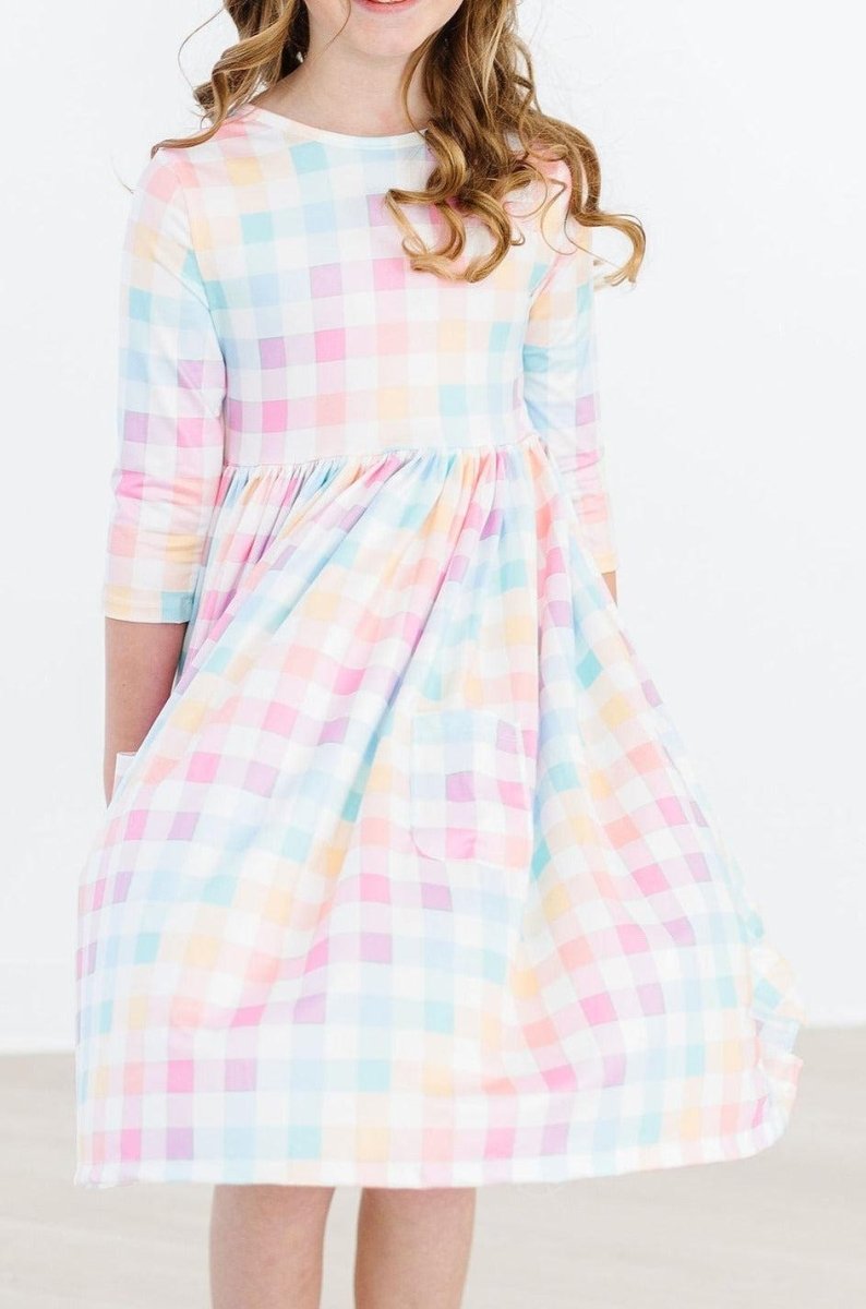 Mila & Rose ® Pastel Plaid Twirl Dress With 3/4 Sleeves And Pocket - Everetts Place Boutique - 