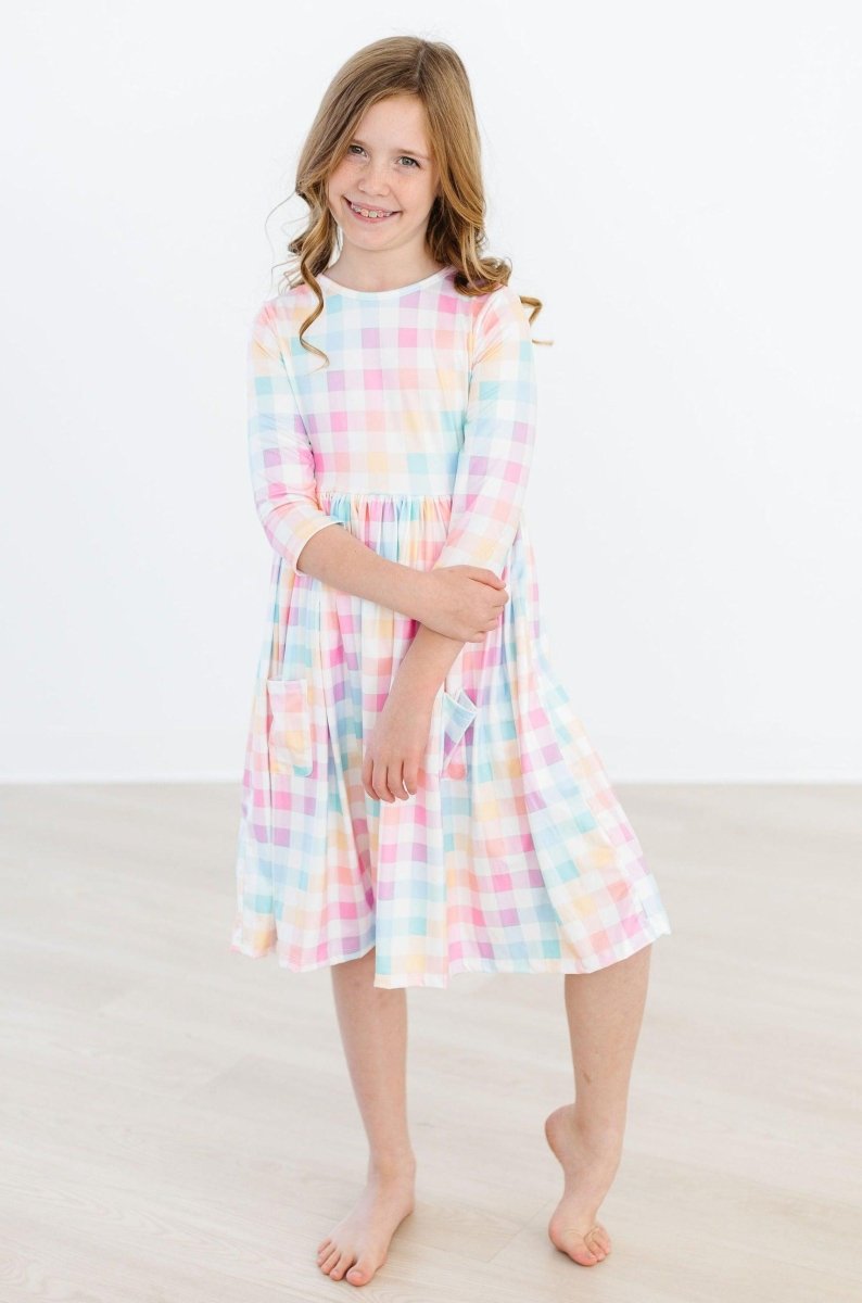 Mila & Rose ® Pastel Plaid Twirl Dress With 3/4 Sleeves And Pocket - Everetts Place Boutique - 