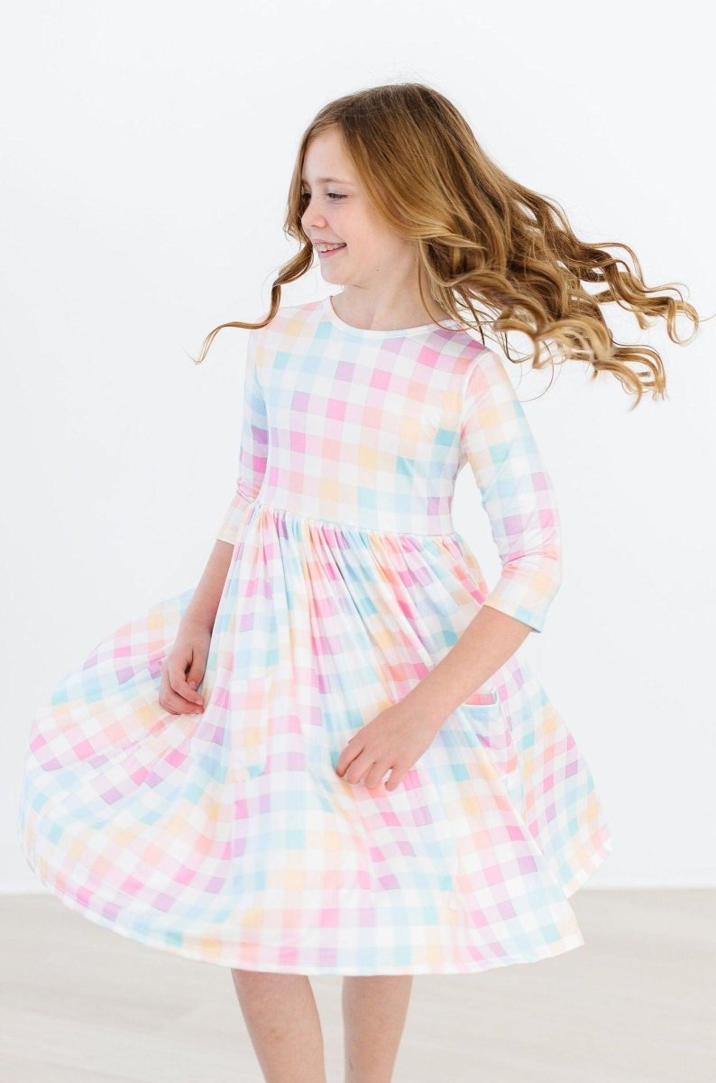Mila & Rose ® Pastel Plaid Twirl Dress With 3/4 Sleeves And Pocket - Everetts Place Boutique - 