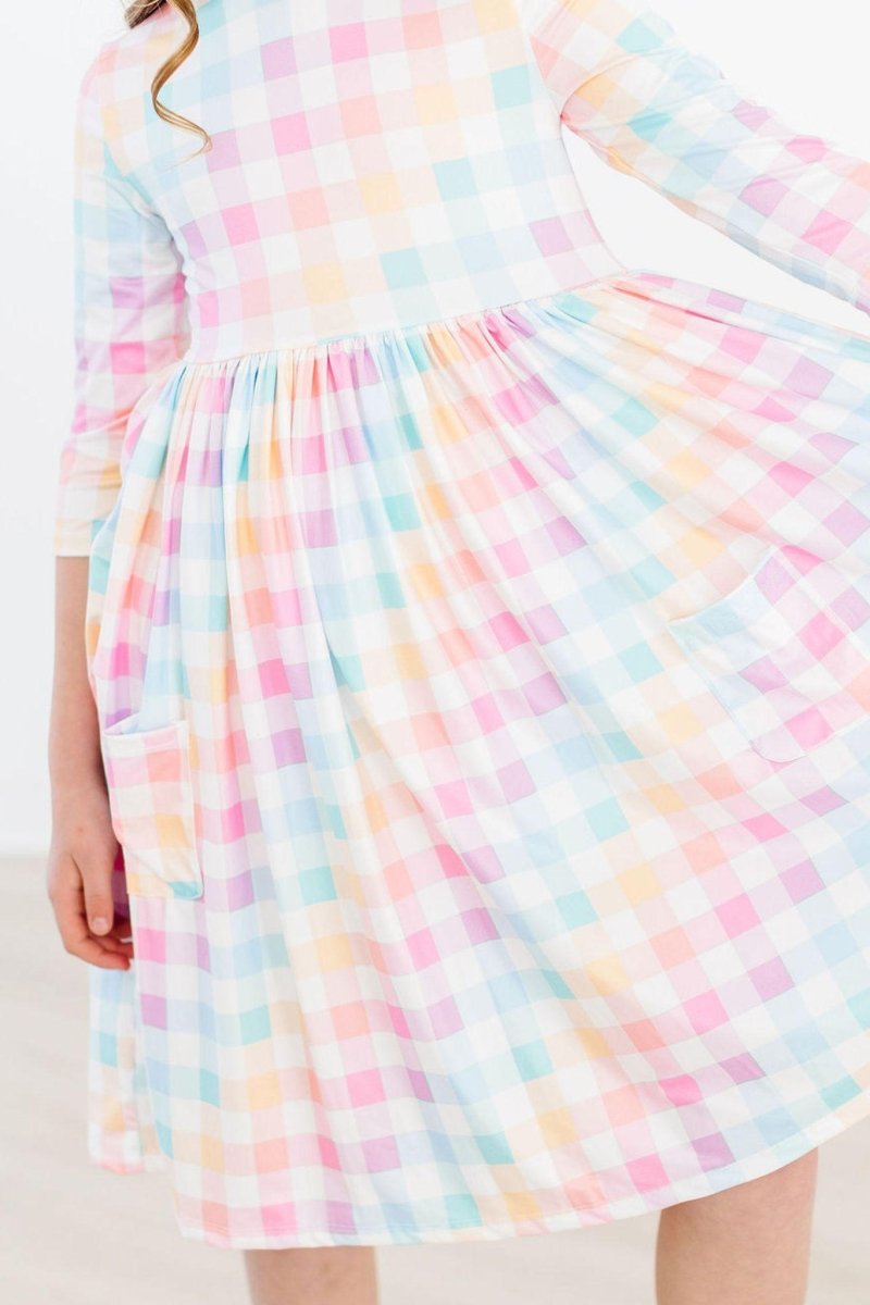 Mila & Rose ® Pastel Plaid Twirl Dress With 3/4 Sleeves And Pocket - Everetts Place Boutique - 