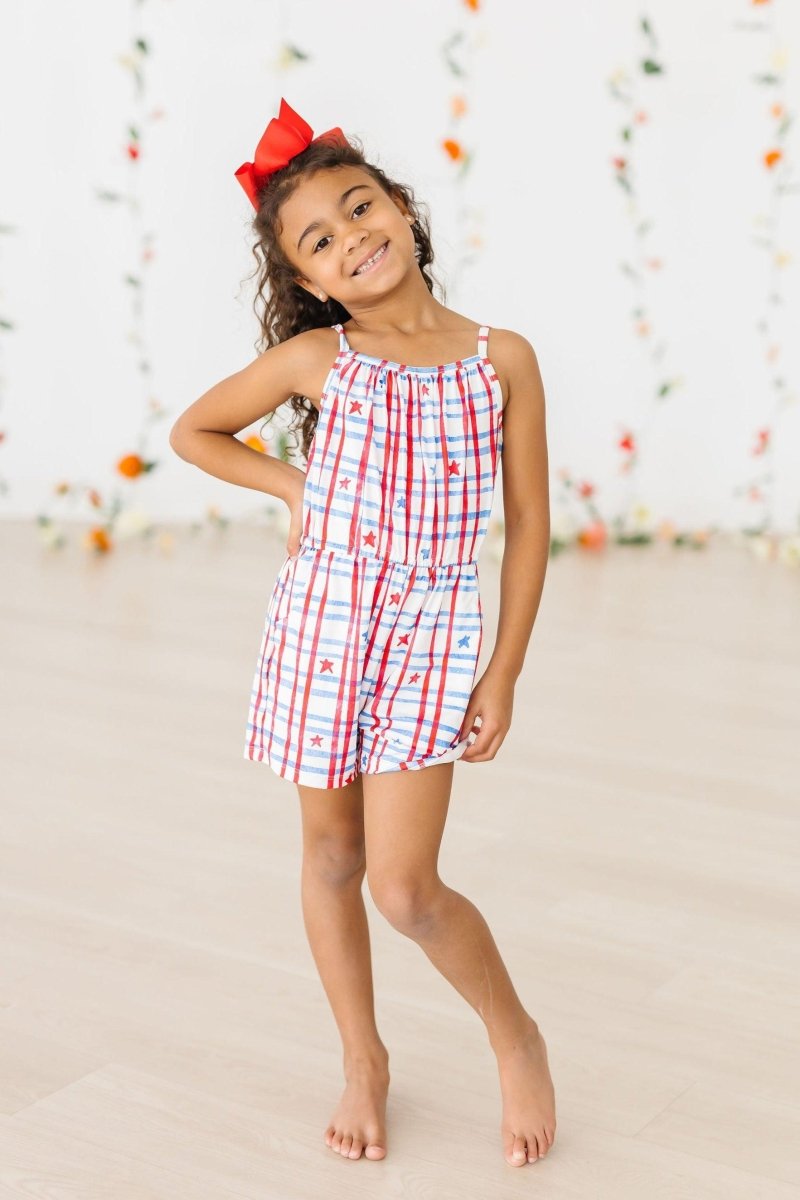Mila & Rose ® Patriotic Plaid Strappy Play Romper for Little Kids - Everetts Place Boutique - 