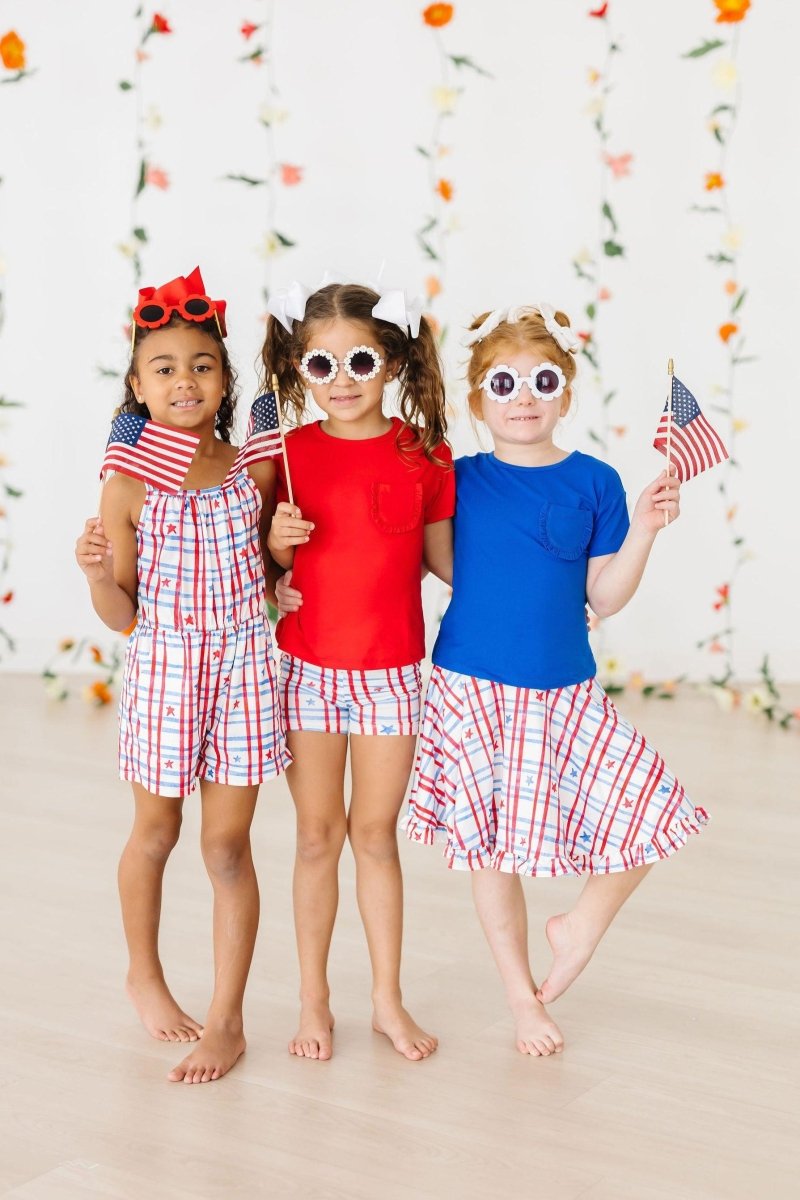 Mila & Rose ® Patriotic Plaid Strappy Play Romper for Little Kids - Everetts Place Boutique - 