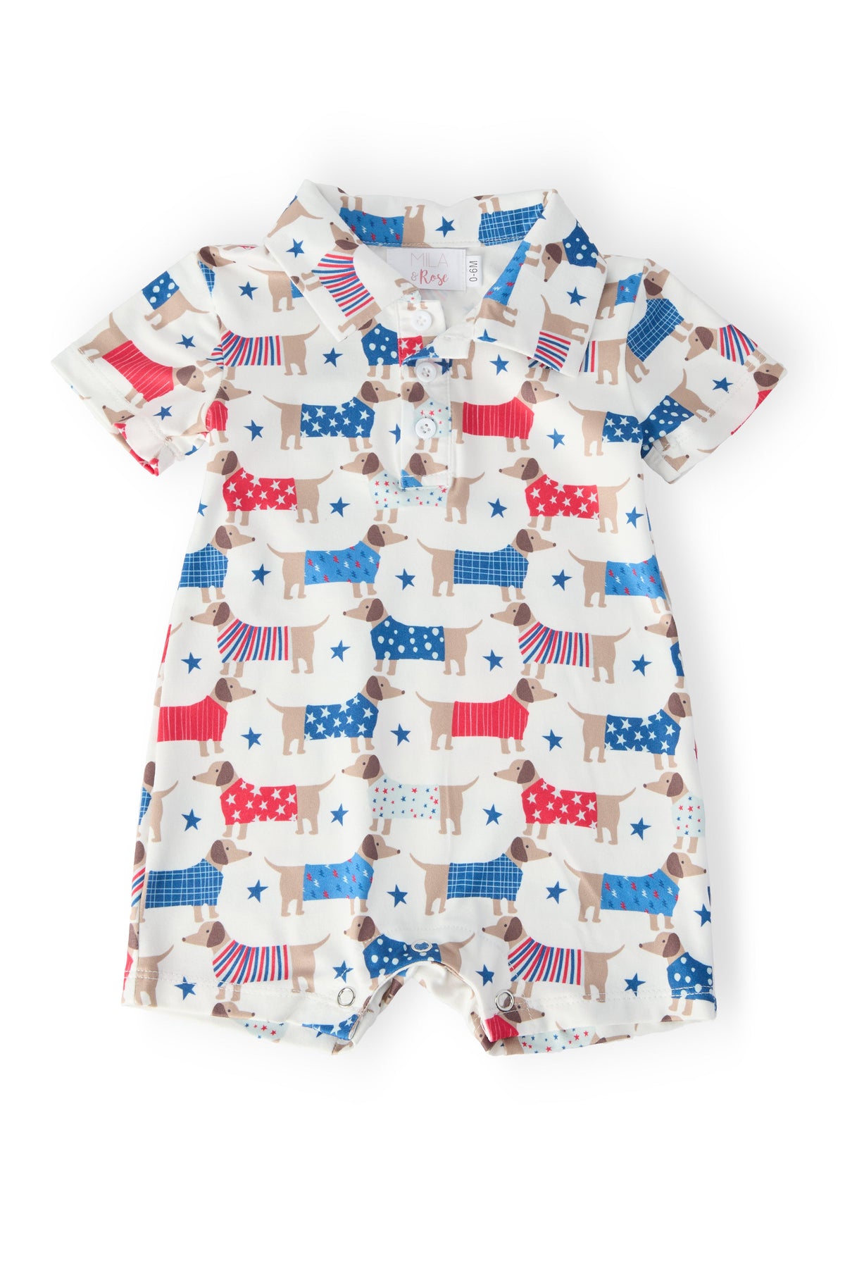 Mila & Rose Patriotic Pups baby polo shorty one-piece.