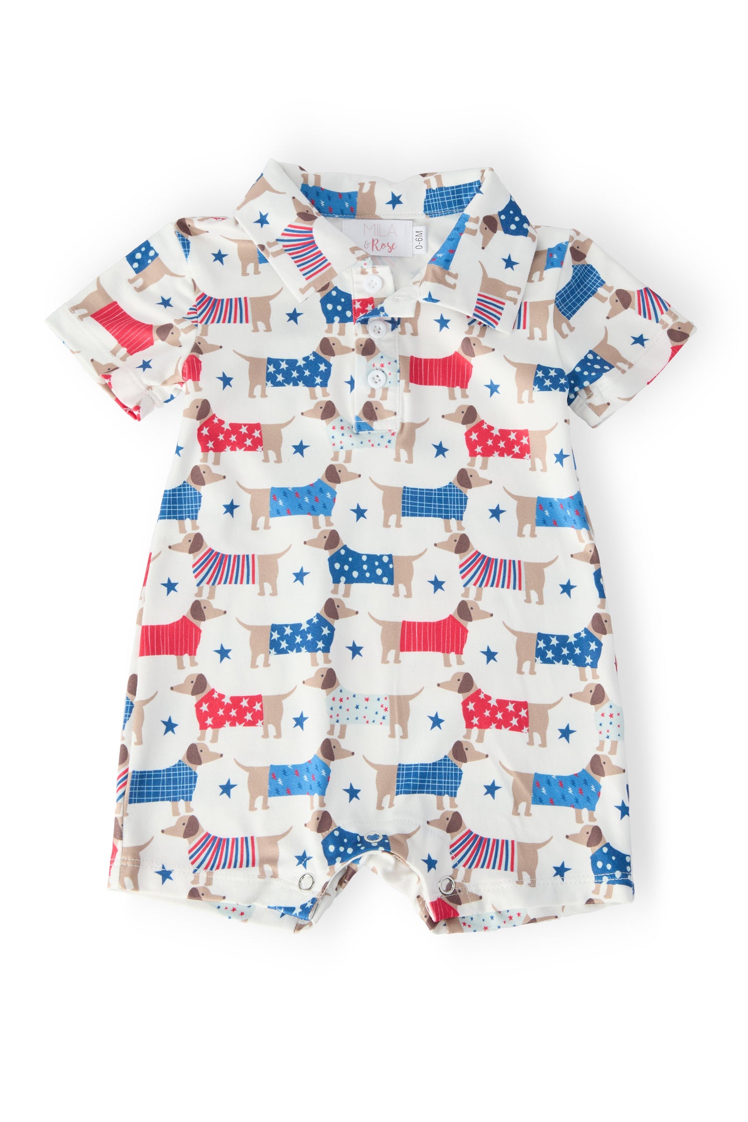 Mila & Rose Patriotic Pups baby polo shorty one-piece.