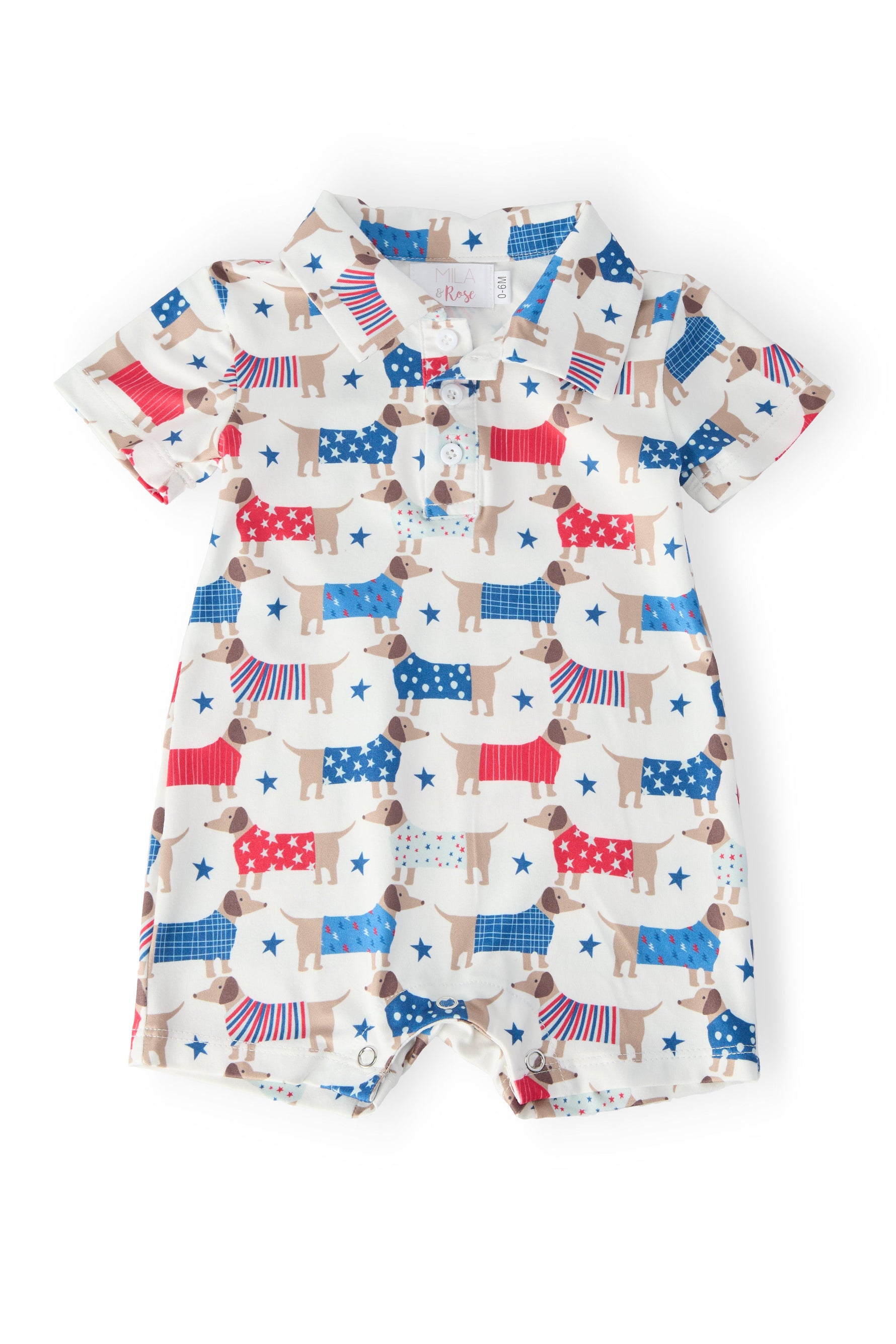 Mila & Rose Patriotic Pups baby polo shorty one-piece.