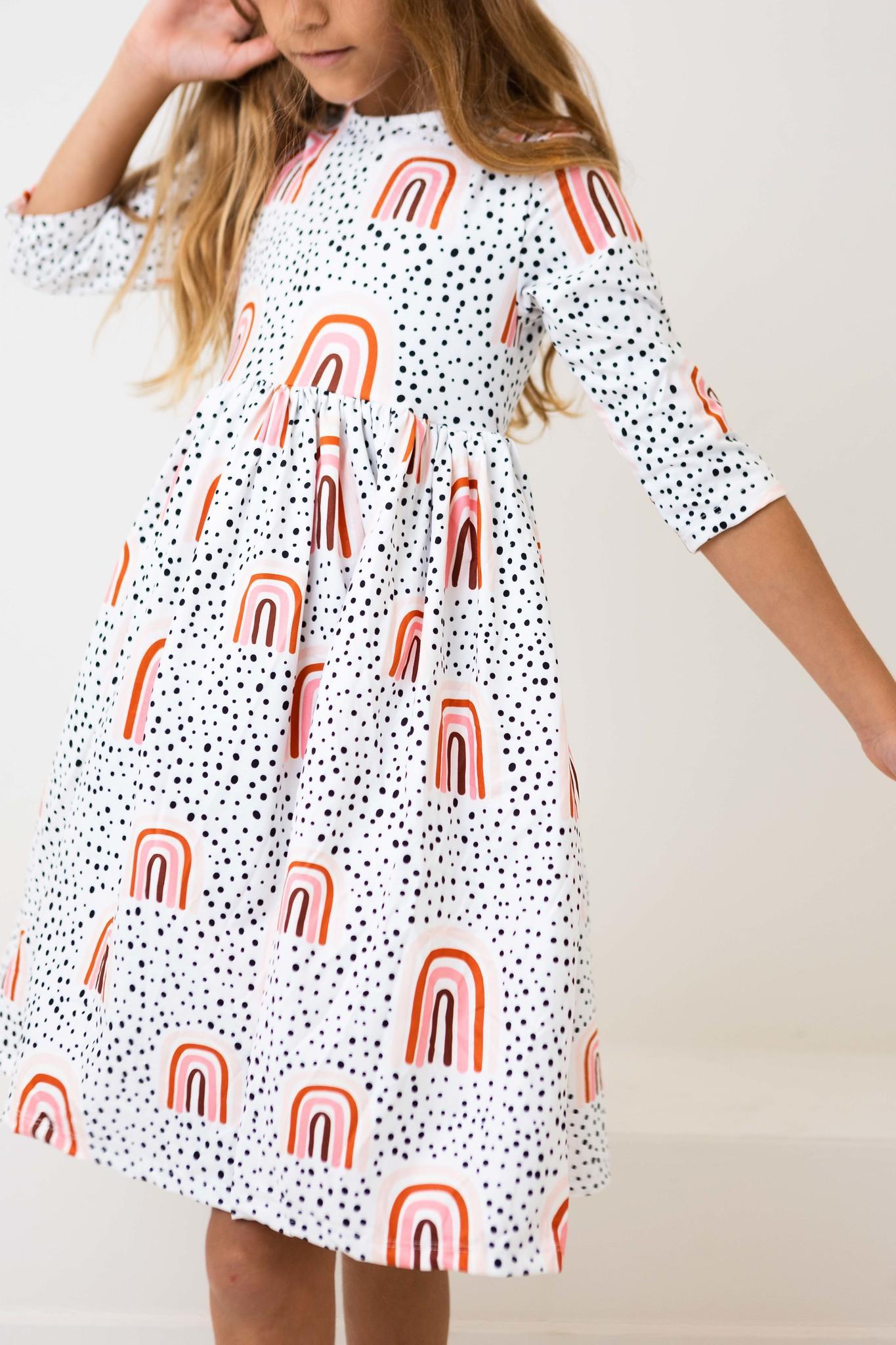 Peach Rainbow Three Quarter Sleeve Twirl Dress With Pocket Mila & Rose ® Everetts Place: Online Boutique