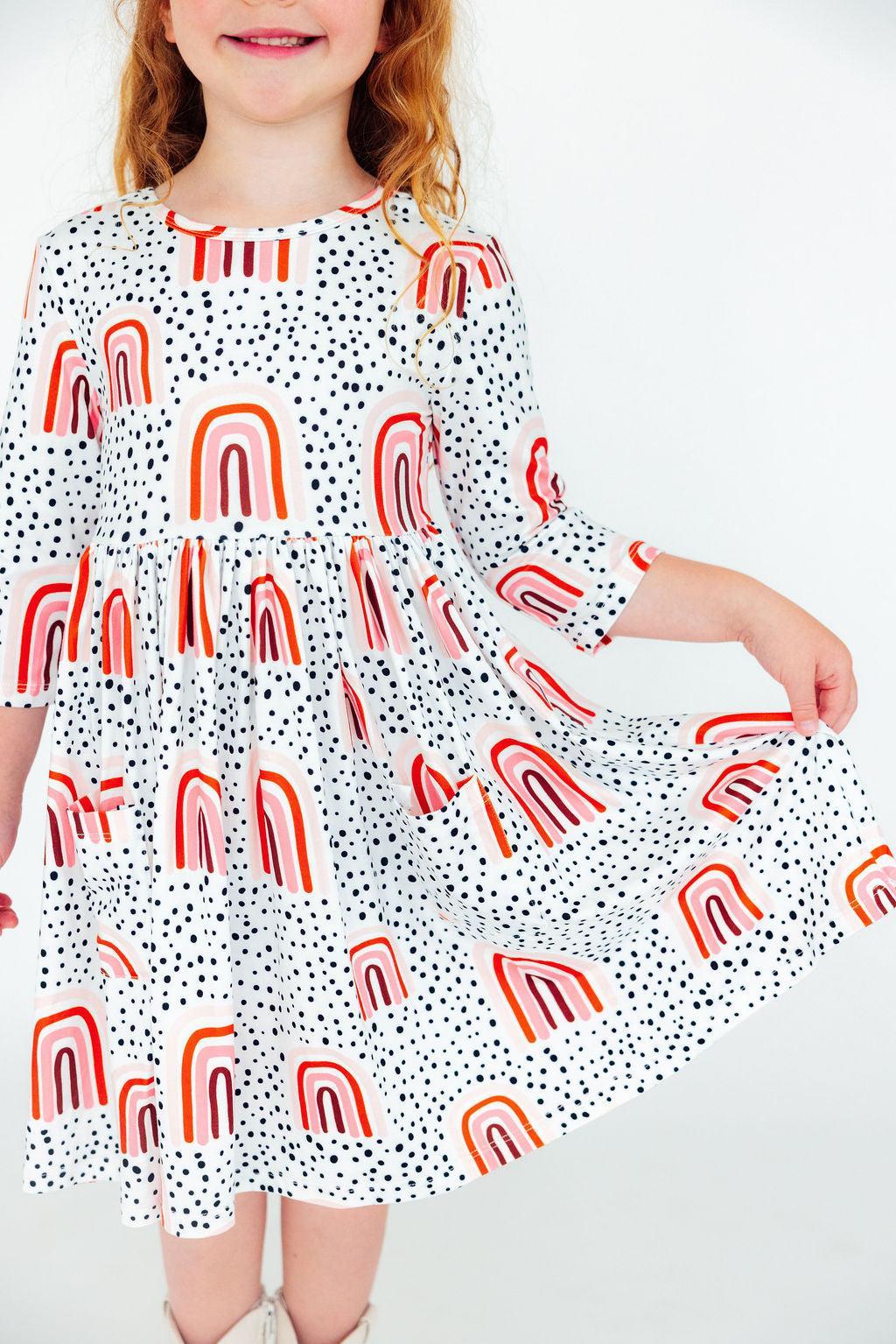 Peach Rainbow Three Quarter Sleeve Twirl Dress With Pocket Mila & Rose ® Everetts Place: Online Boutique