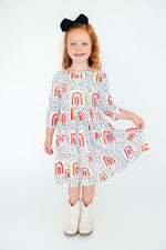 Peach Rainbow Three Quarter Sleeve Twirl Dress With Pocket Mila & Rose ® Everetts Place: Online Boutique