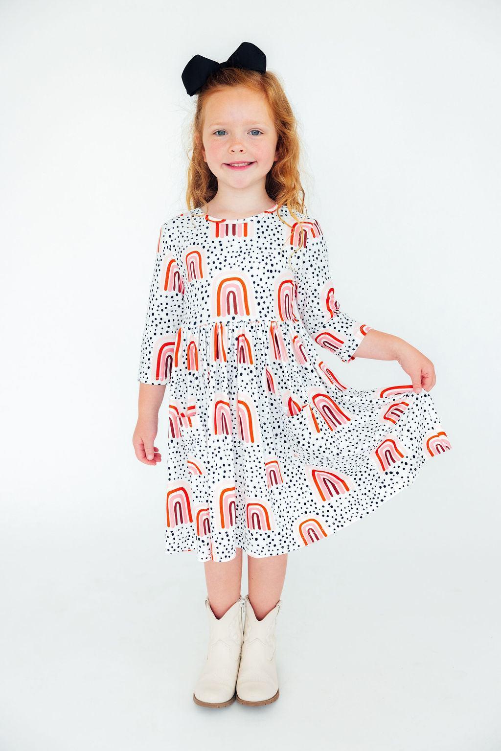 Peach Rainbow Three Quarter Sleeve Twirl Dress With Pocket Mila & Rose ® Everetts Place: Online Boutique