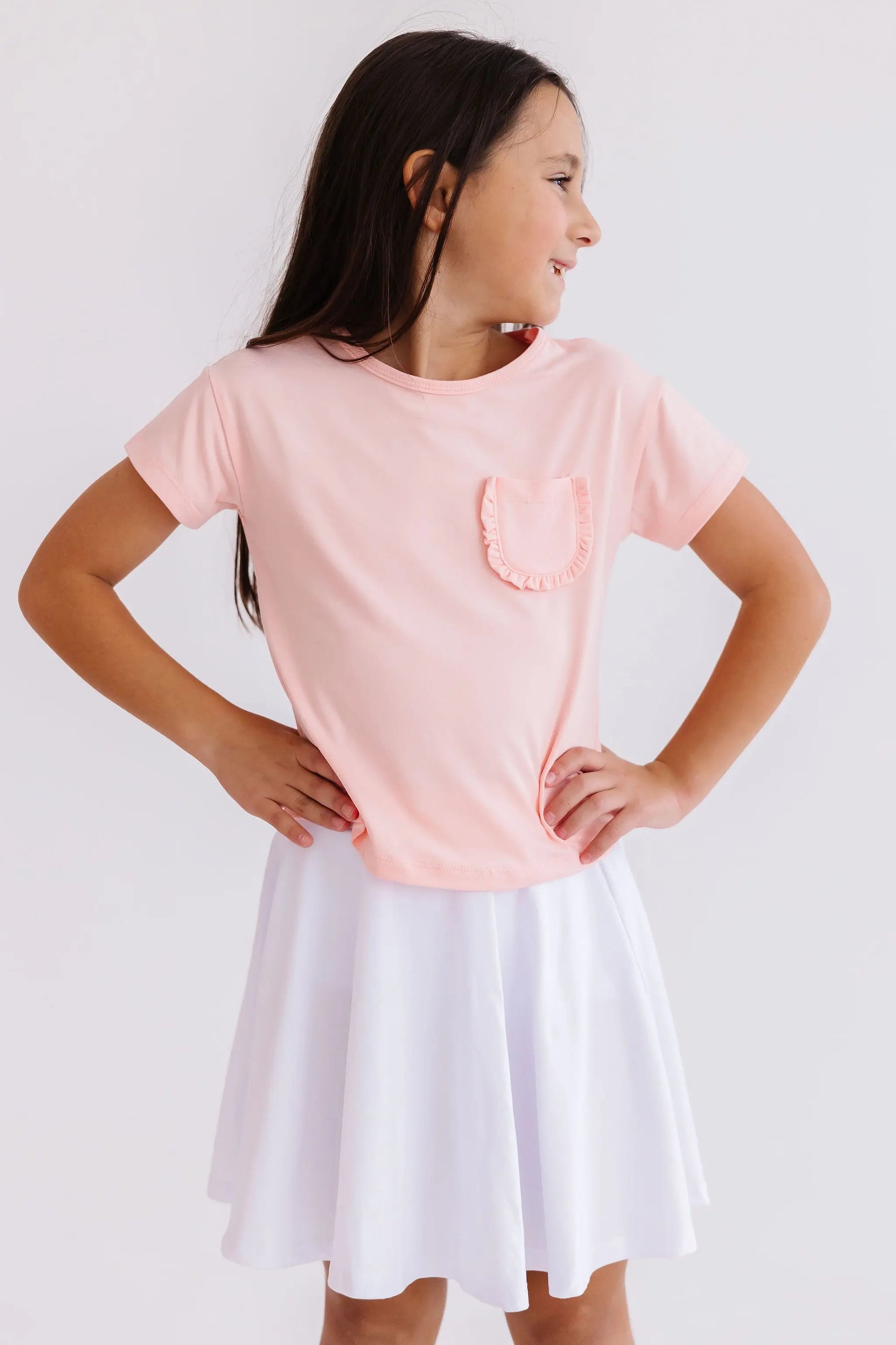 Peach Ruffle Pocket Tee For Girls Boxy Fit Casual Top Mila & Rose ® Everetts Place: Online Boutique