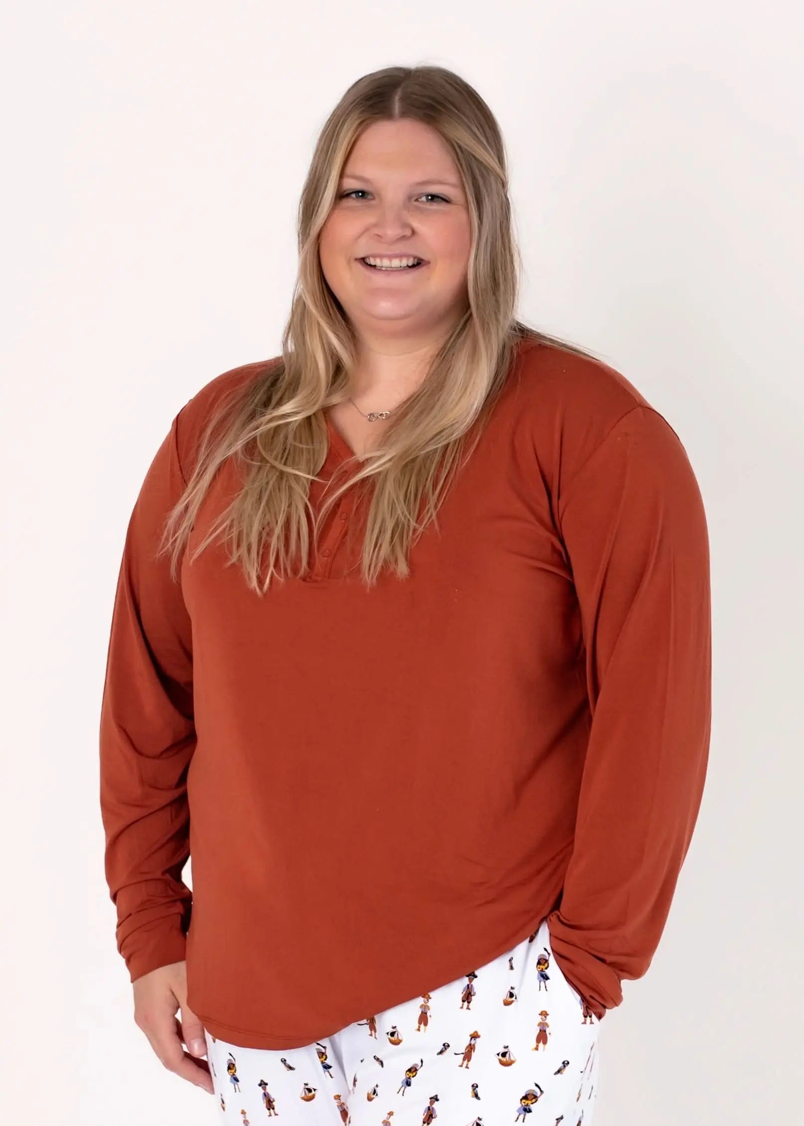 Pecan | Adult Long Sleeve Henley - Sleeve, Shoulder, Neck, Happiness, Smile | Everetts Place
