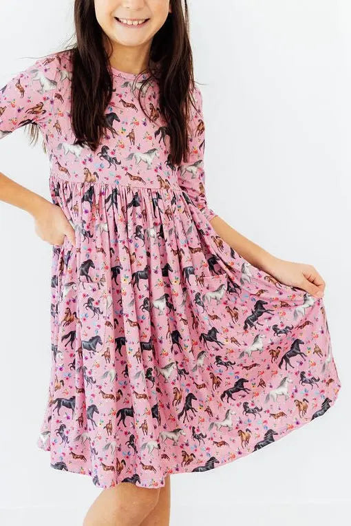 Mila & Rose ® Petals & Ponies 3/4 Sleeve Pocket Twirl Dress - 