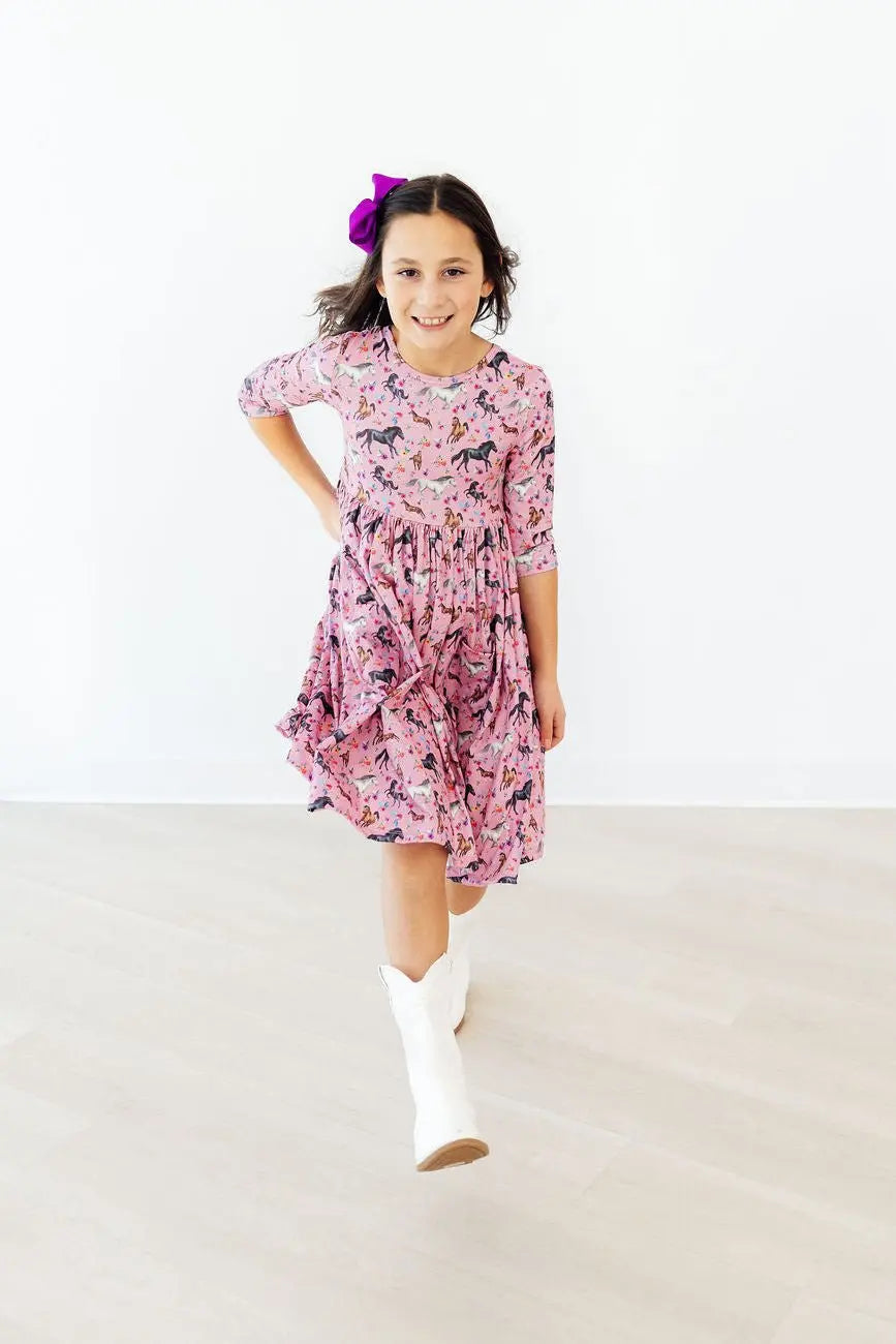 Mila & Rose ® Petals & Ponies 3/4 Sleeve Pocket Twirl Dress - 
