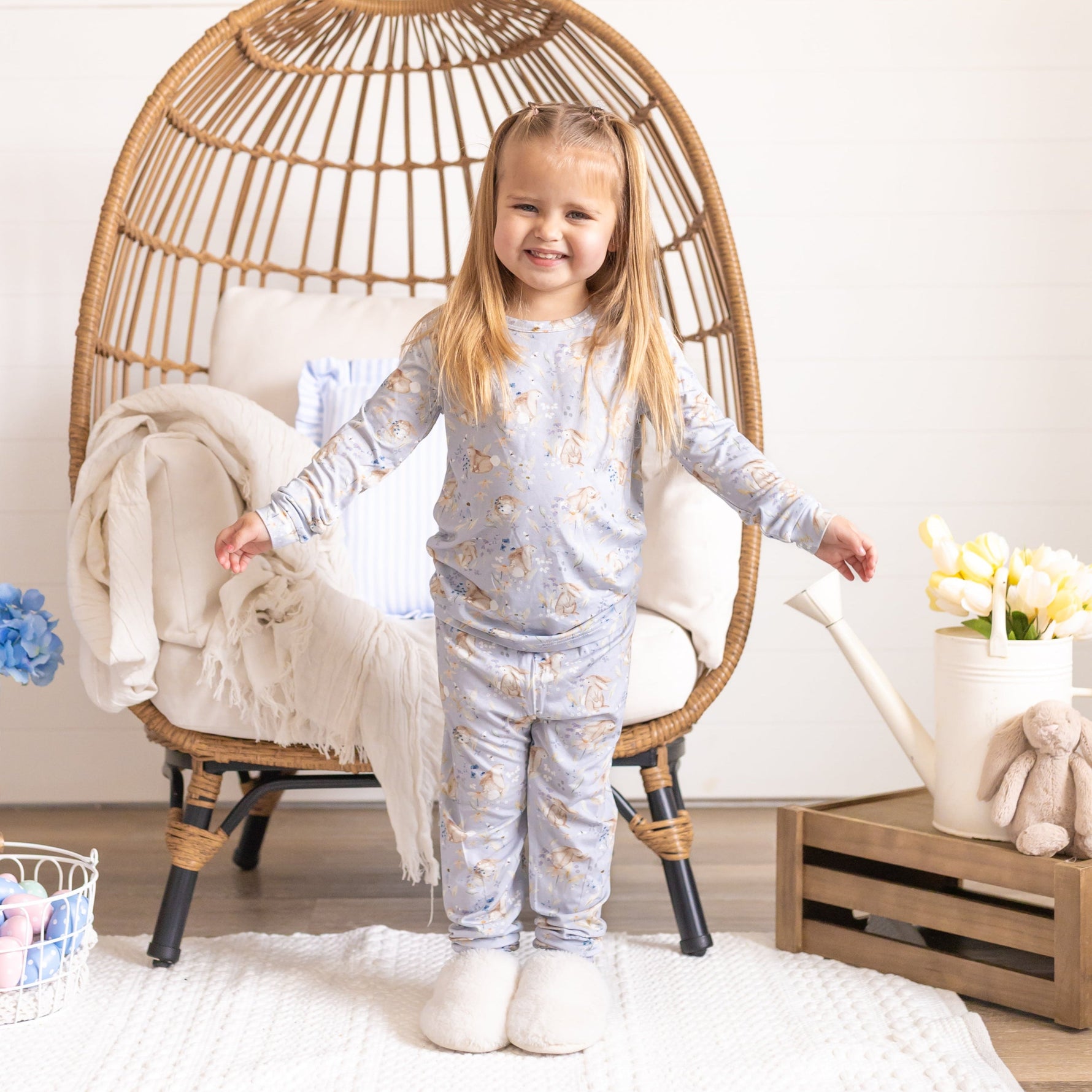 Two-piece baby pajama set in a bunny blossom floral print with matching top and pants