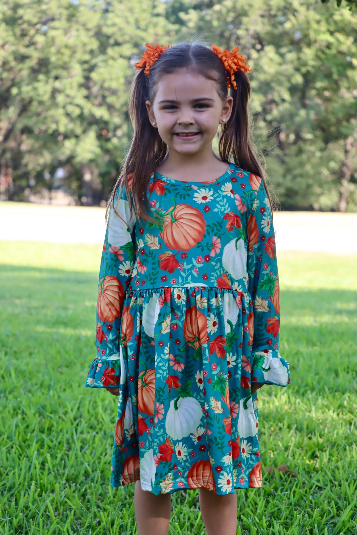 Thanksgiving Day Fall Girls Set Of 2 Pcs In One Package Pumpkin Print Dress by Rylee Faith Designs