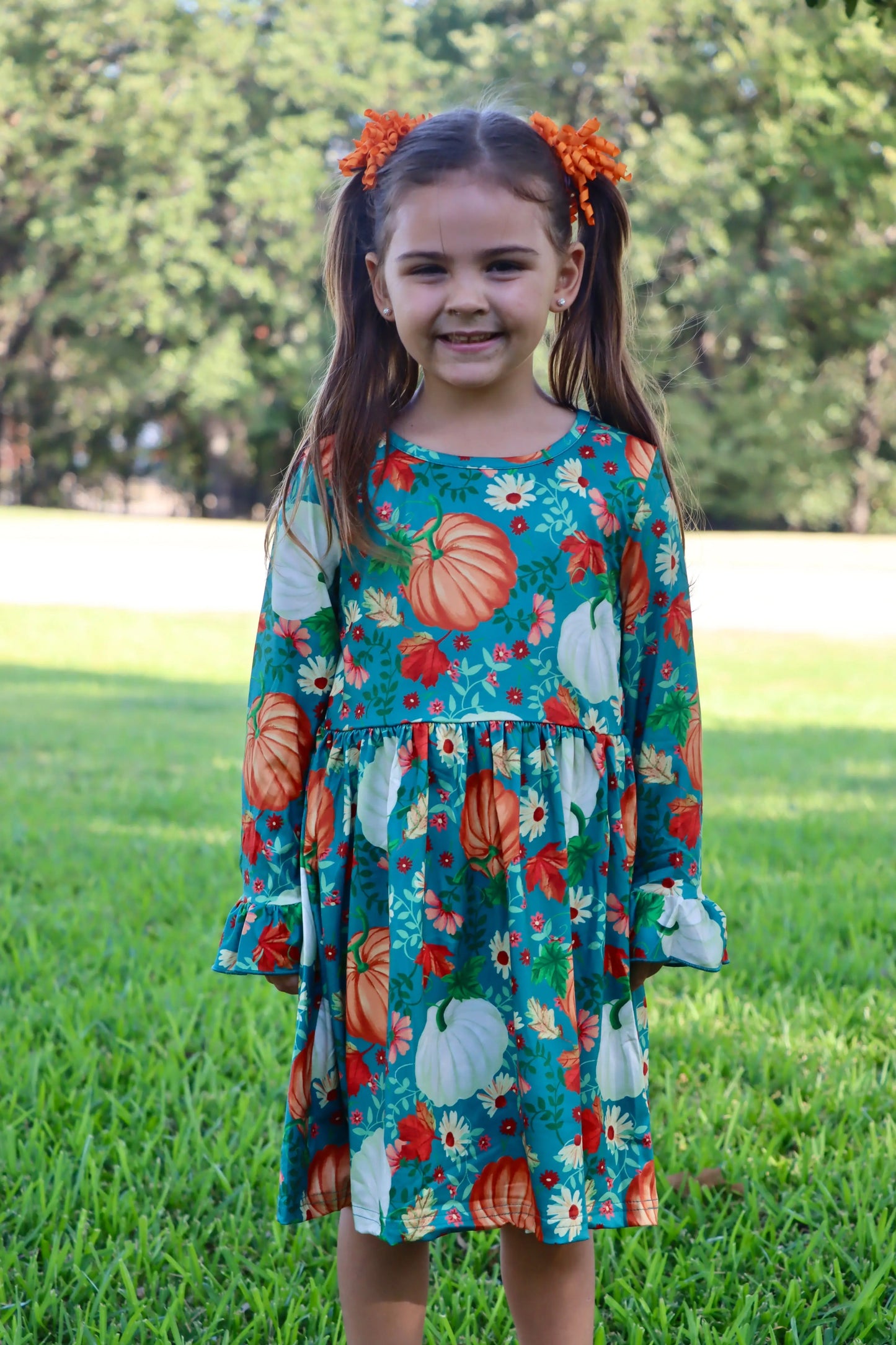 Thanksgiving Day Fall Dress Set with Pumpkin Print for Girls Rylee Faith Designs