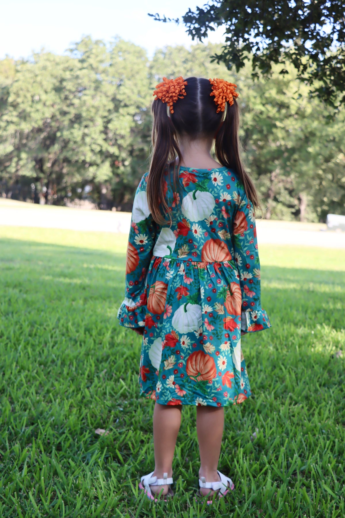 Thanksgiving Day Fall Girls Set Of 2 Pcs In One Package Pumpkin Print Dress by Rylee Faith Designs