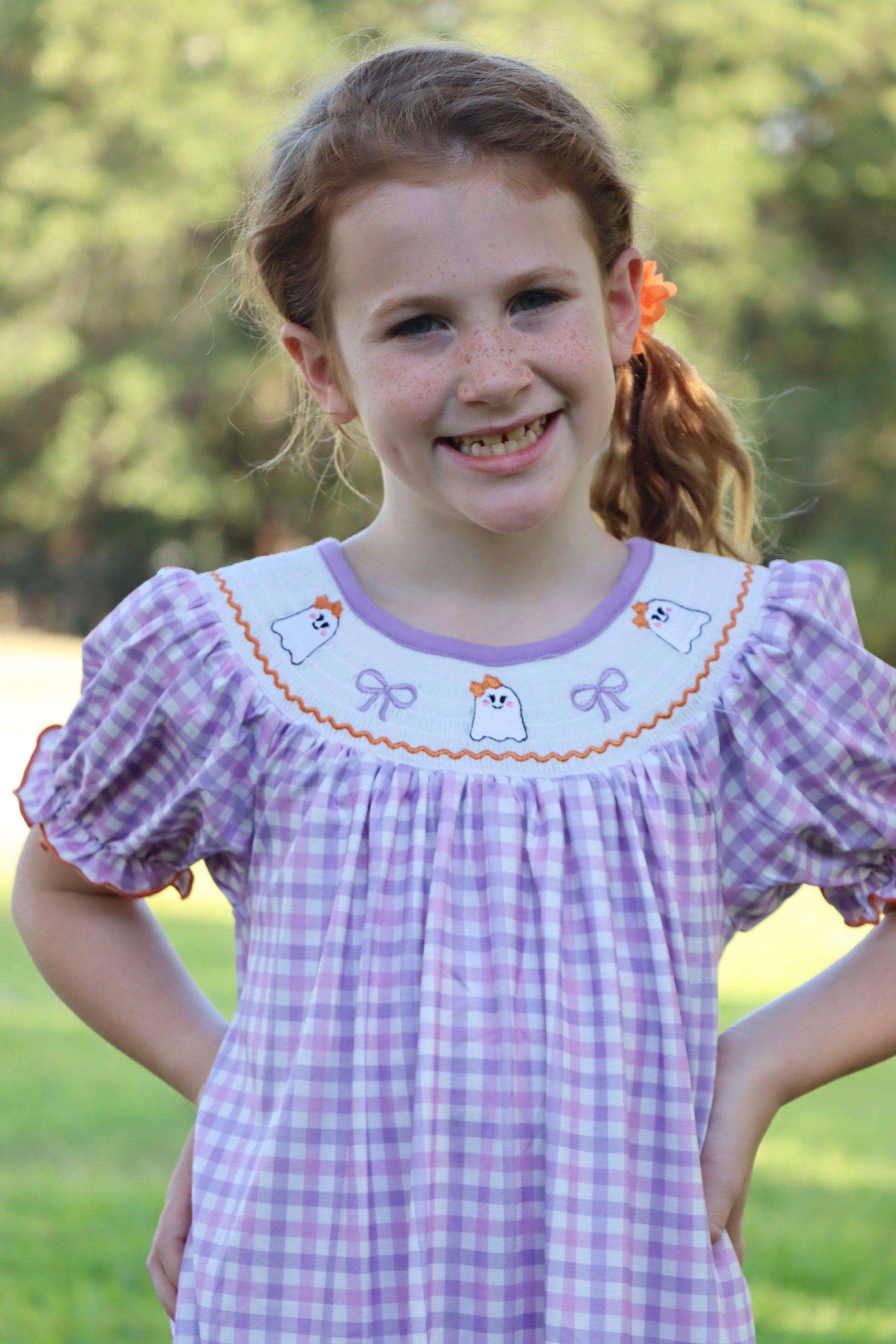 Rylee Faith Designs Halloween Girls Purple Smocked Ghost Embroidery Plaid Dress - Apparel & Accessories > Clothing > Baby & Toddler Clothing > Baby & Toddler Dresses Dress