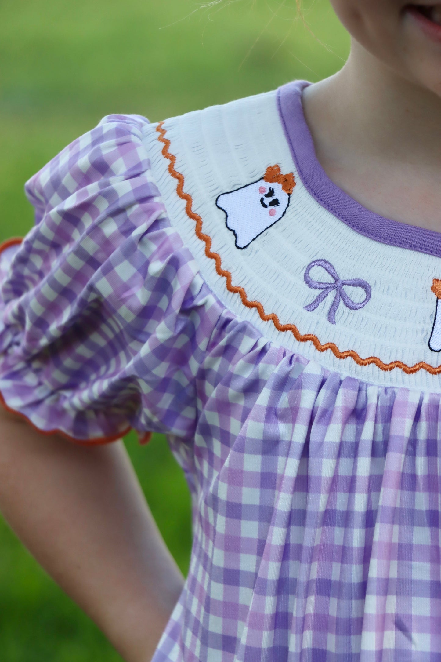 Rylee Faith Designs Halloween Girls Purple Smocked Ghost Embroidery Plaid Dress - Apparel & Accessories > Clothing > Baby & Toddler Clothing > Baby & Toddler Dresses Dress