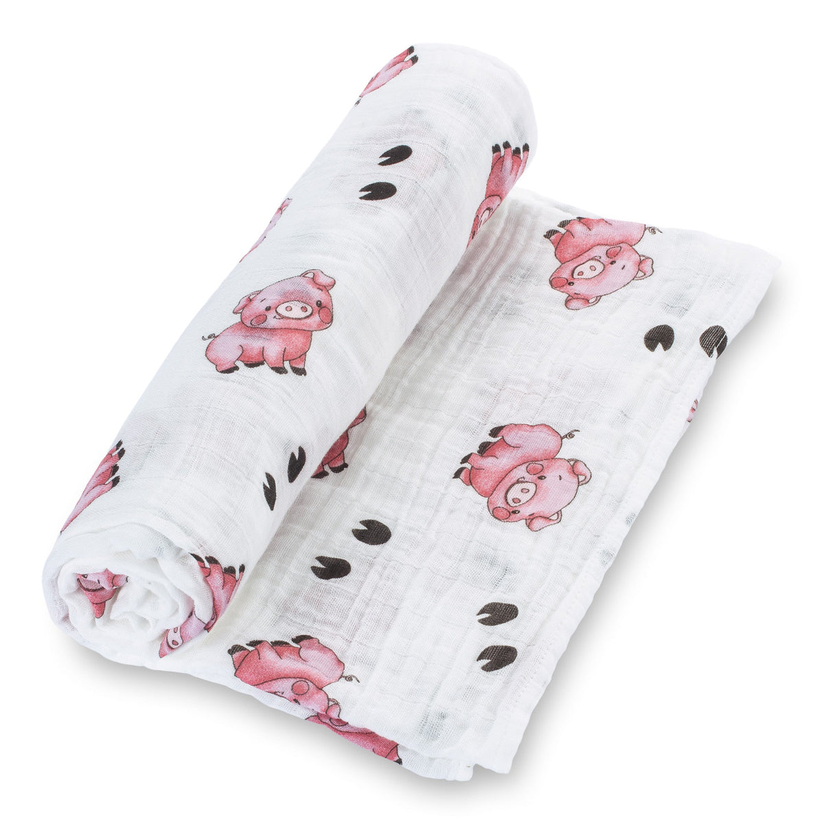 Swaddle blanket in organic cotton muslin with a pig and hoof print in the Oink Oink design