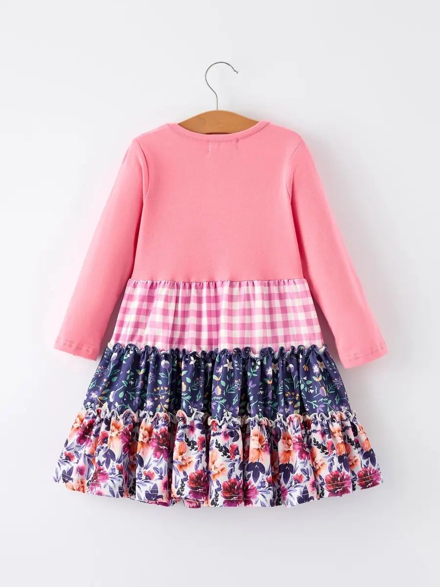 Rylee Faith Designs Pink Autumn Patchwork Floral & Plaid Long Sleeve Girls Dress - 