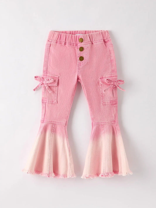 Pink Bell Bottom Jeans with Frayed Hem and Cargo Pockets Rylee Faith Designs Everetts Place: Online Boutique