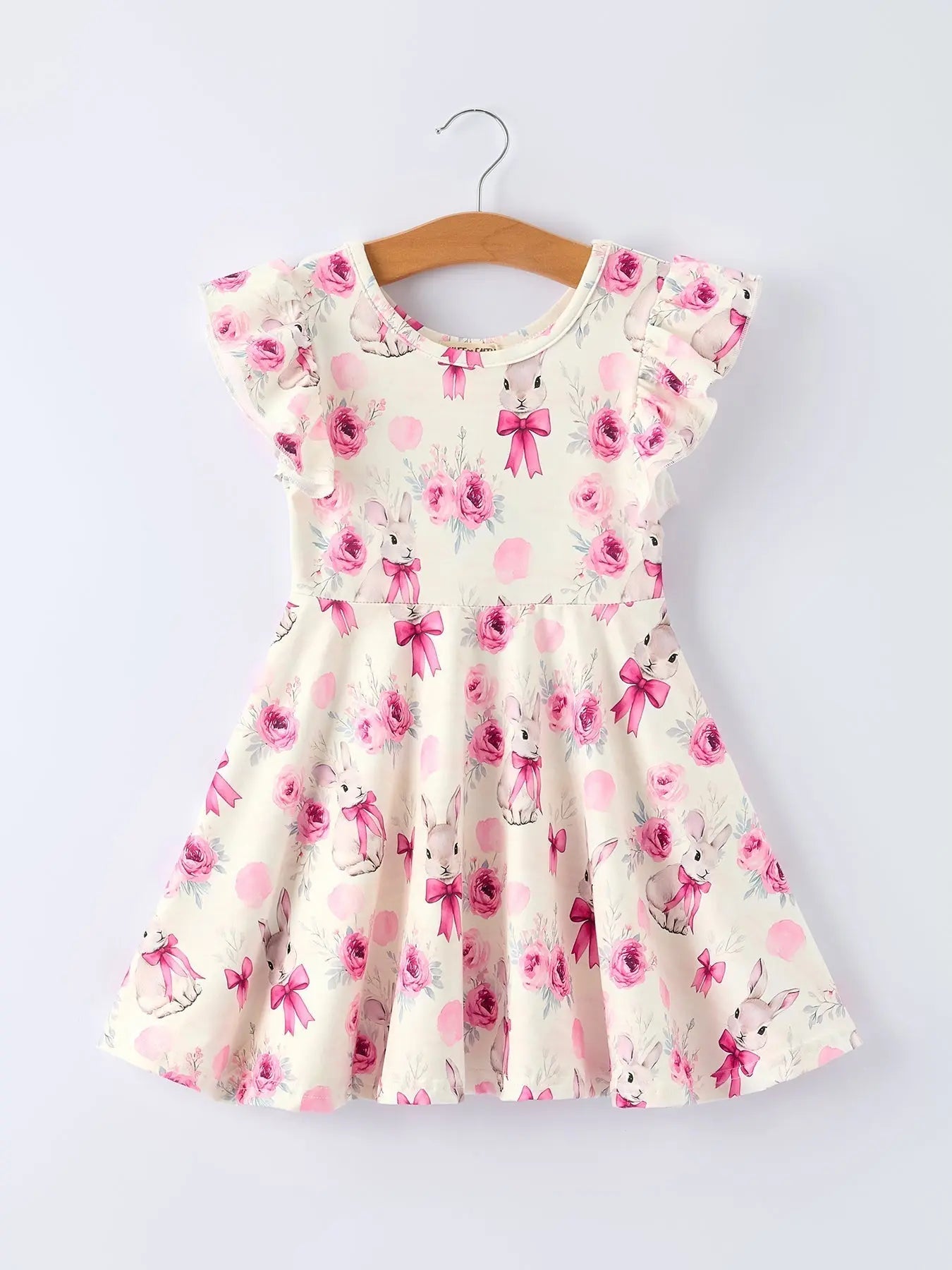 Rylee Faith Designs Pink Bow Bunny and Rose Print Girls Dress - 