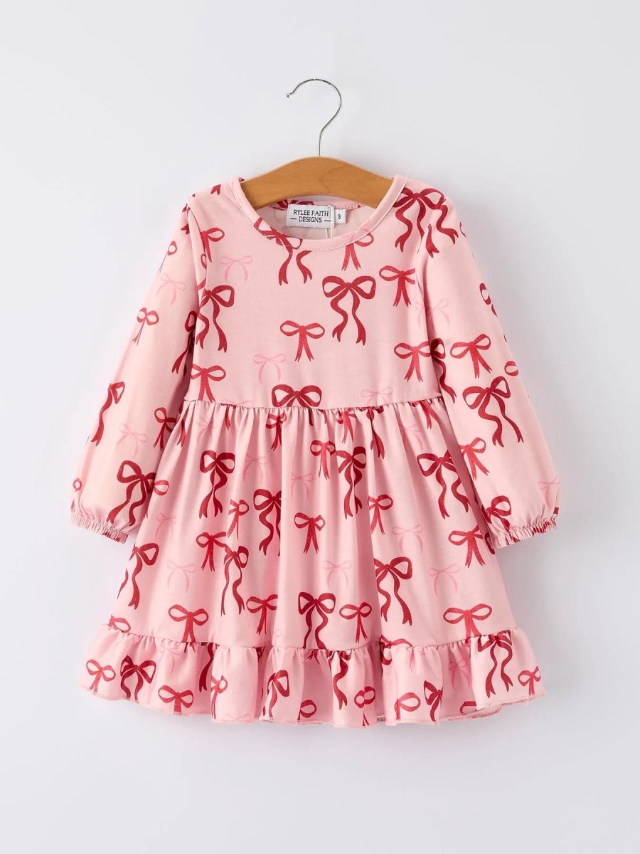 Pink Bow Print Girls Dress With Ruffle Hem By Rylee Faith Rylee Faith Designs Everetts Place Boutique