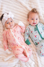 Dreamlet Pink Candy Cane Convertible Zip Footies Fold Over Mittens - Apparel & Accessories > Clothing > Baby & Toddler Clothing > Baby & Toddler Sleepwear Convertible Zip Footies