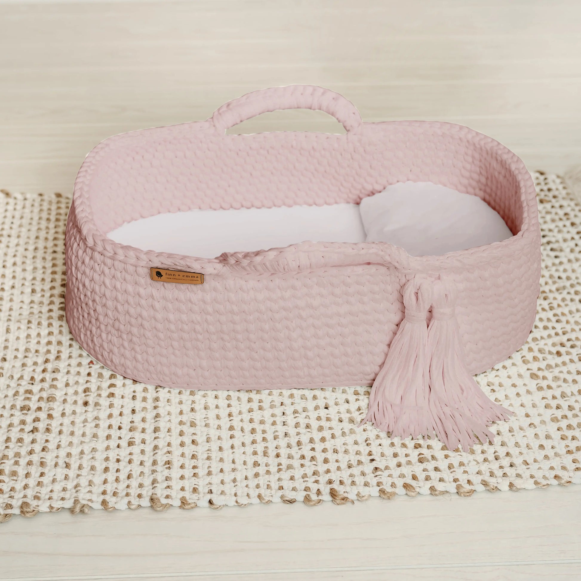 Pink Carry Cot Organic Cotton Crocheted Knit Baby Bassinet Finn + Emma