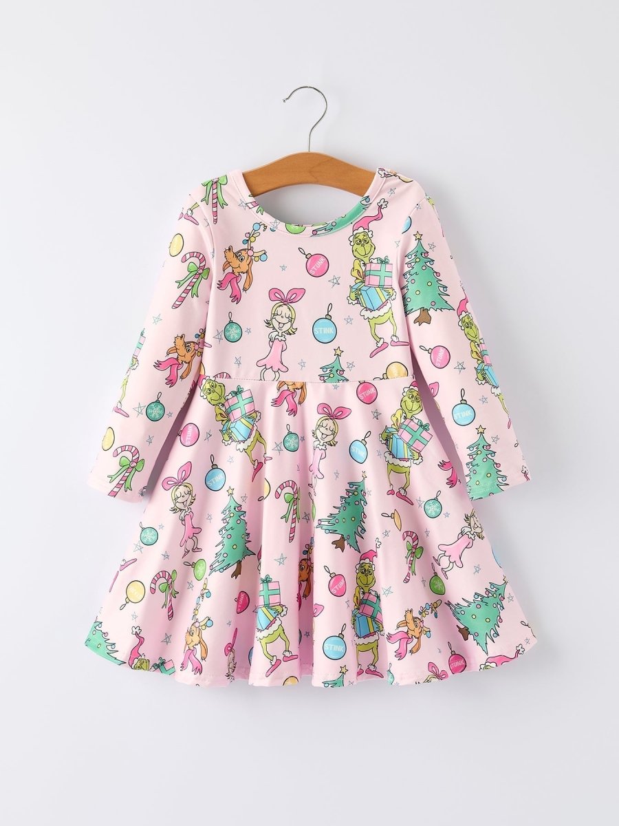Pink Christmas Character Print Long Sleeve Girls Dress - Everetts Place Boutique - 