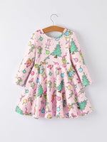 Pink Christmas Character Print Long Sleeve Girls Dress - Everetts Place Boutique - 