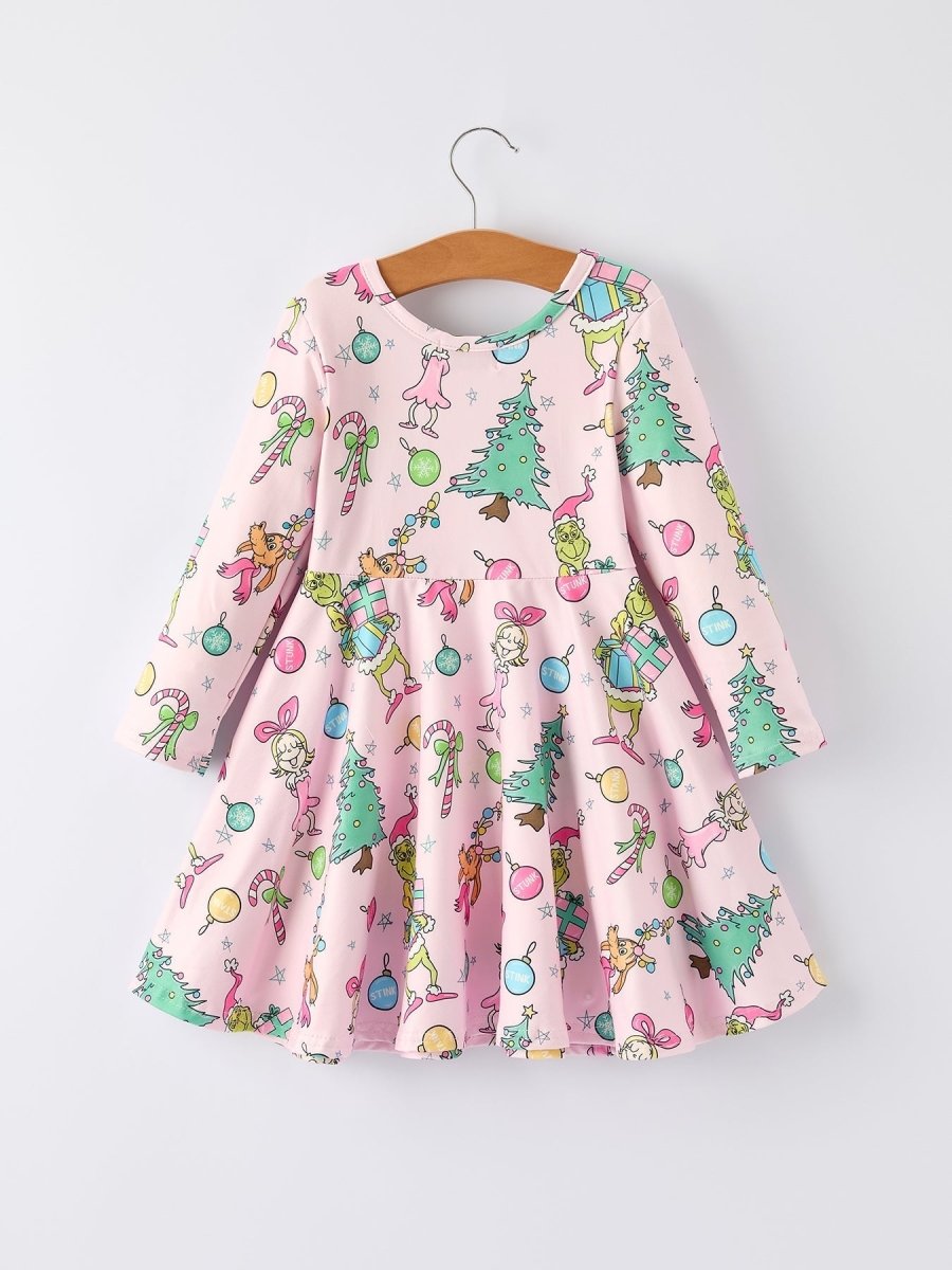 Pink Christmas Character Print Long Sleeve Girls Dress - Everetts Place Boutique - 