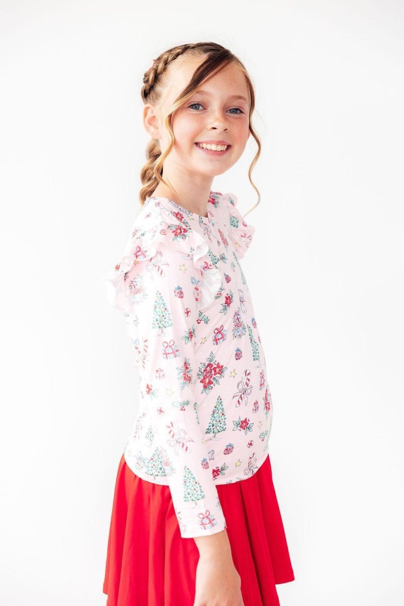 Mila & Rose ® Pink Christmas Long Sleeve Ruffle Tee Mila And Rose - Everetts Place Boutique - 