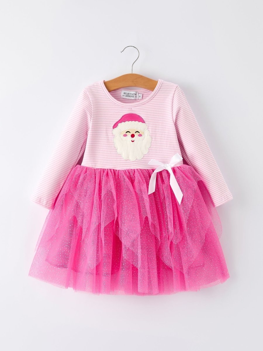 Pink Christmas Santa Applique Striped Dress for Girls - Everetts Place Boutique - 